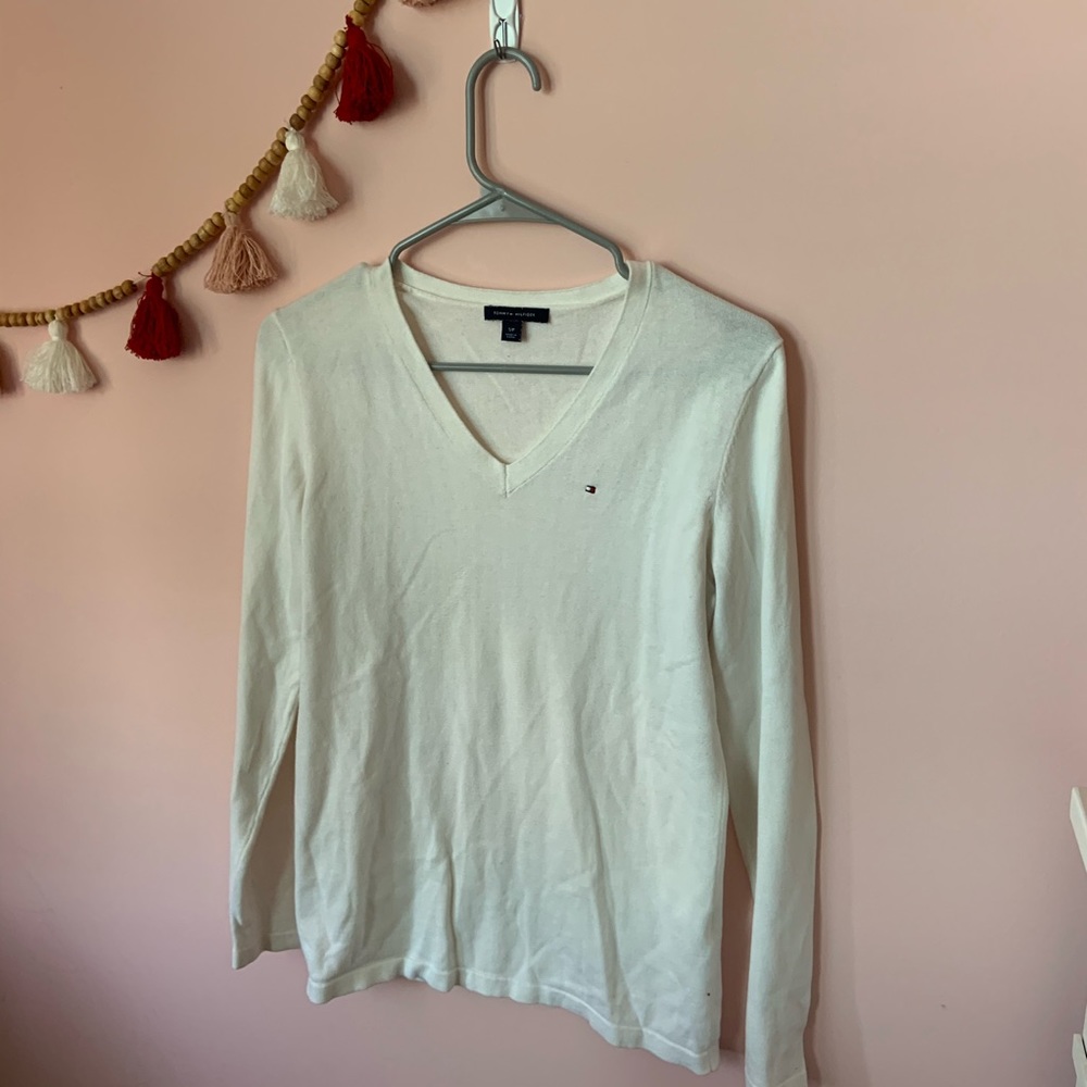 Tommy Hilfiger White V-Neck Sweater